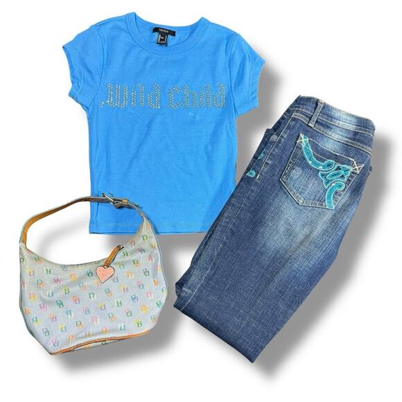 Forever 21 Y2K Rhinestone Baby Tee Women’s Small Blue Wild Child Graphic Mcbling - Picture 6 of 7